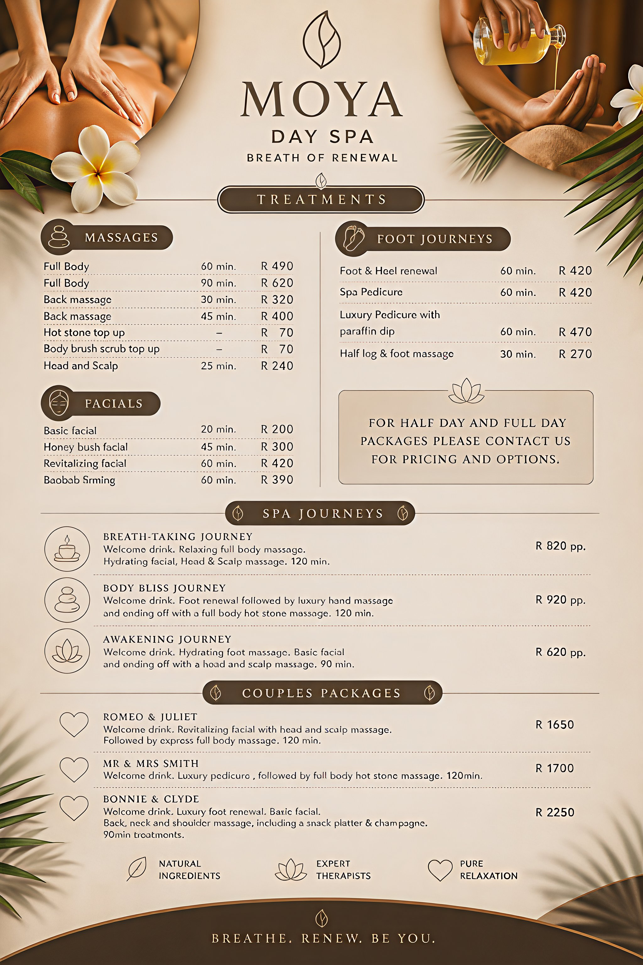 Spa price list Moya Day spa